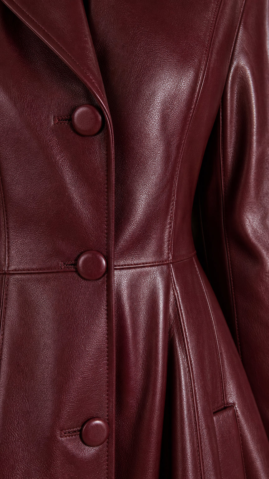 Close-up detail of covered buttons and grained faux leather texture on burgundy coat dress