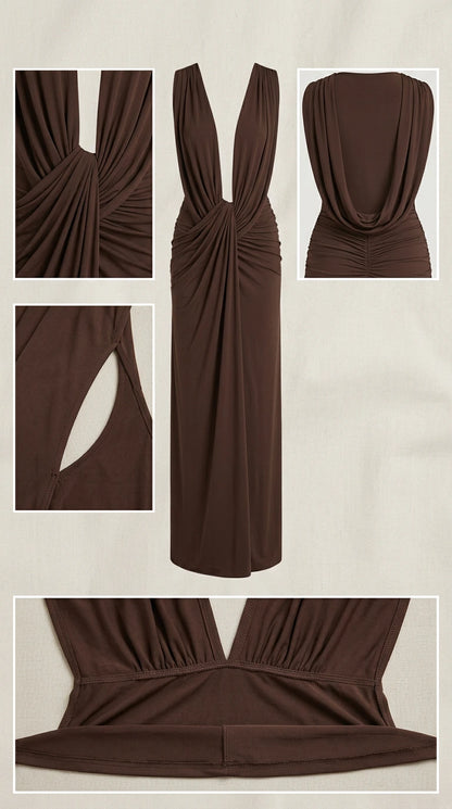 Detail flat-lay shots of front ruching, neckline, and back cowl construction