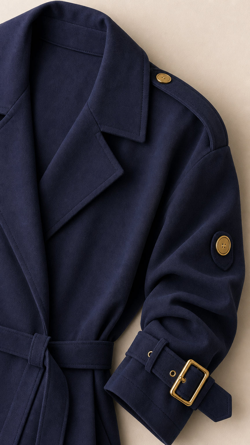 Close-up detail of Navy Blue trench coat lapel, button epaulette, and cuff buckle