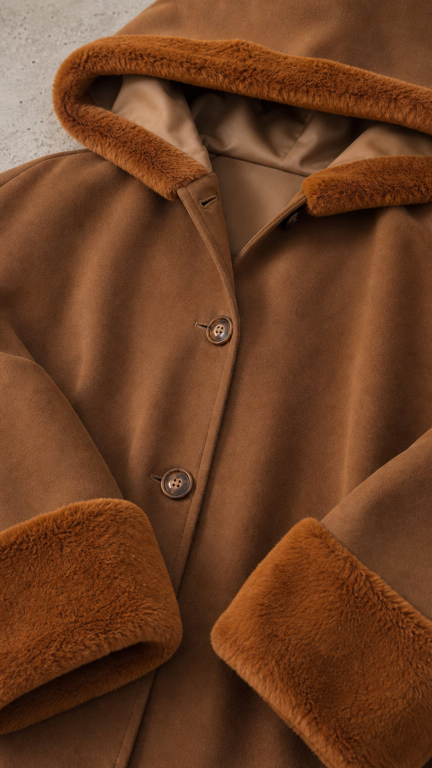Close-up detail of camel cape coat showing front buttons, plush faux fur trim, and smooth lining