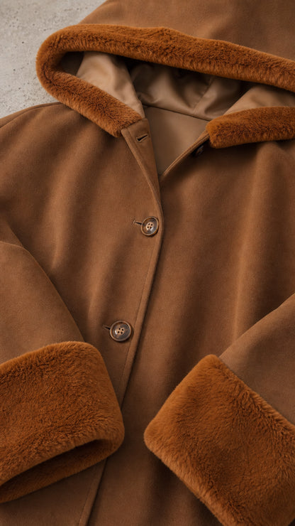 Close-up detail of camel cape coat showing front buttons, plush faux fur trim, and smooth lining