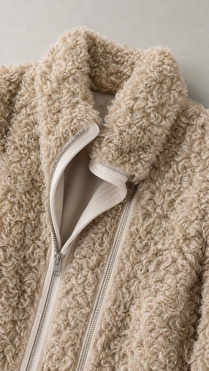 Close-up detail of beige curly faux shearling texture and zip-up collar with trim