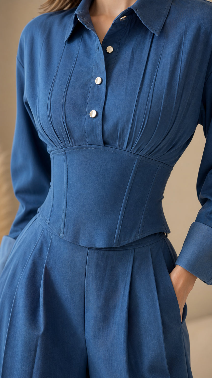 Close-up detail of pleated corset waist, buttons, and collar on blue top