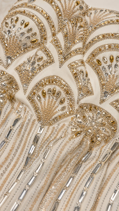 Detailed close-up of intricate Art Deco rhinestone and sequin beadwork