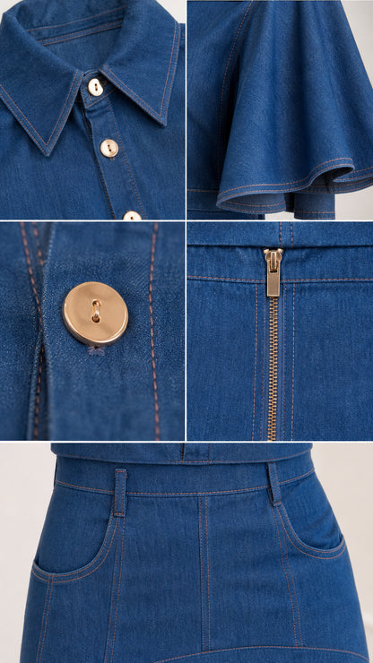 Close-up details of collar, buttons, flutter sleeve, back zip, and front pocket stitching