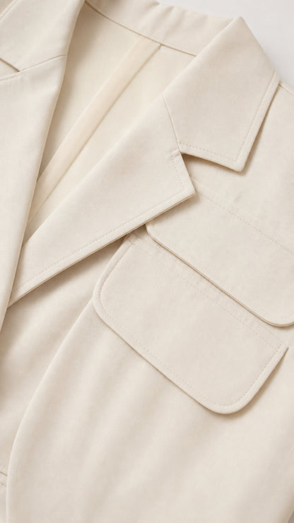 Close-up detail of cream suit jacket lapel, flap pocket, and fine fabric texture