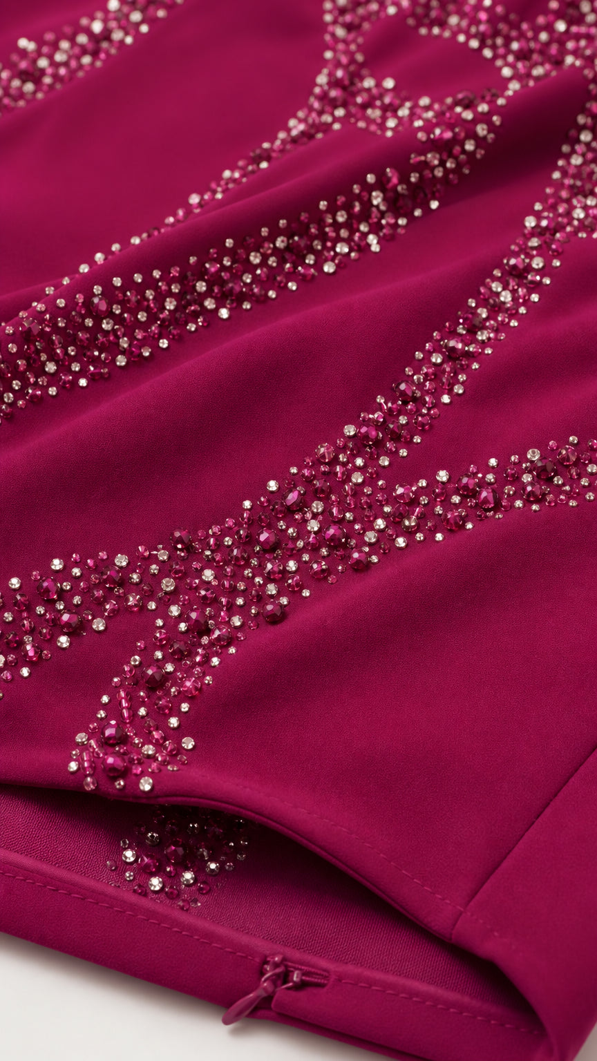 Close-up detail of magenta fabric with delicate rhinestone and crystal bead accents