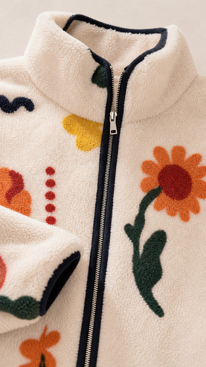 Close-up of the plush cream fleece texture, zipper, collar, and colorful floral print