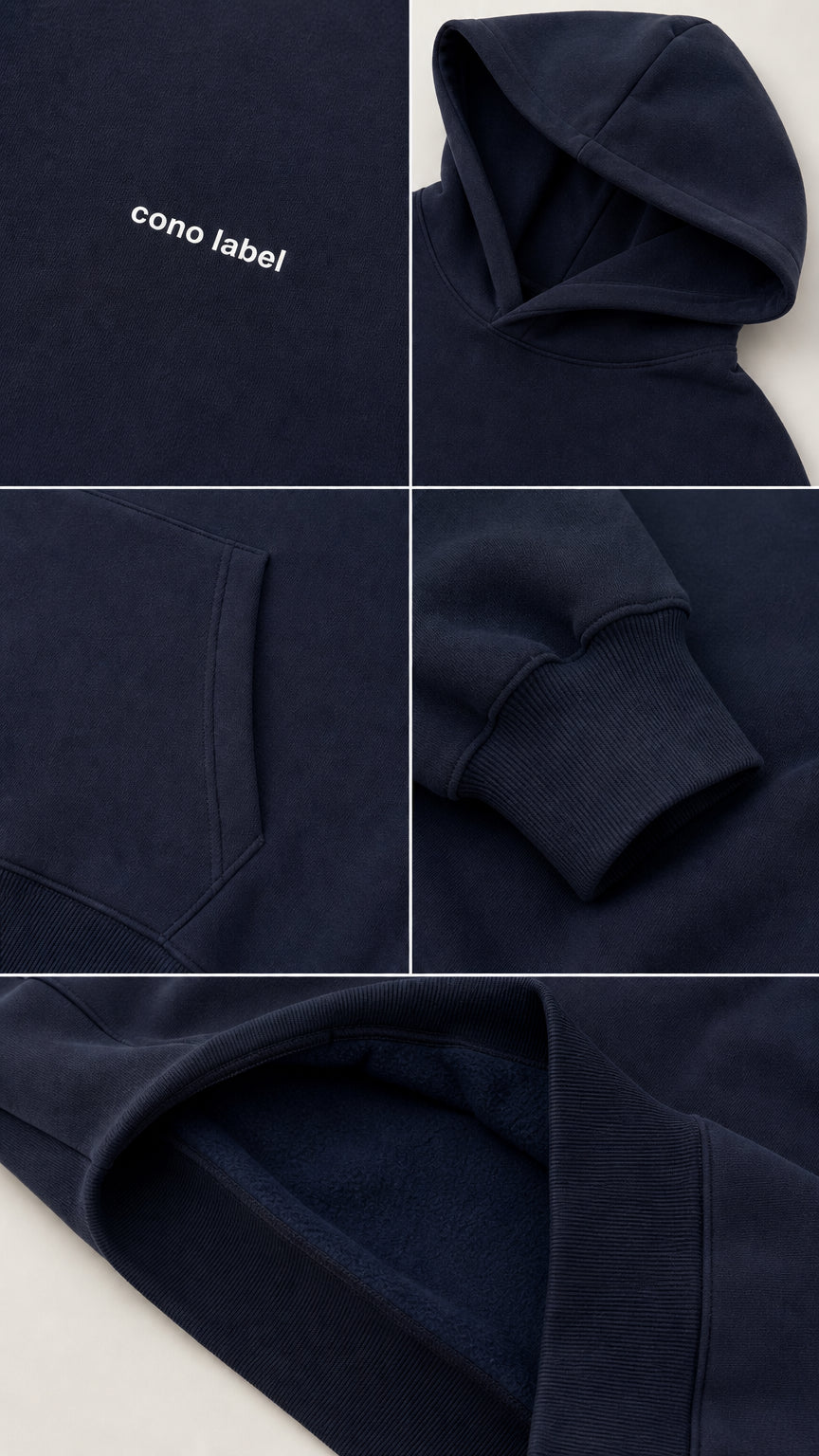 Detailed close-up views of navy hoodie lettering, fleece lining, pocket, and ribbed cuff