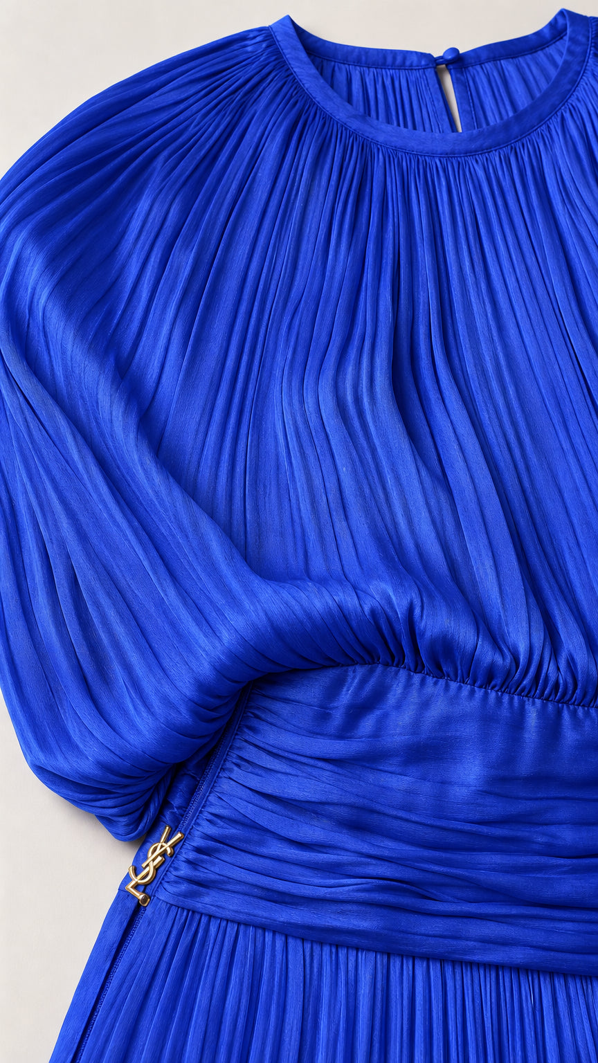 Close-up detail of Royal Blue gathered neckline and ruched waistband texture