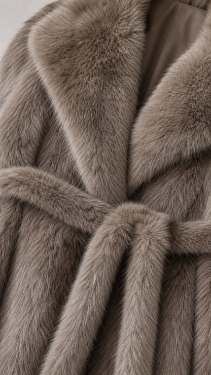 Close-up detail of plush taupe faux fur fabric, collar lapel, and belt texture