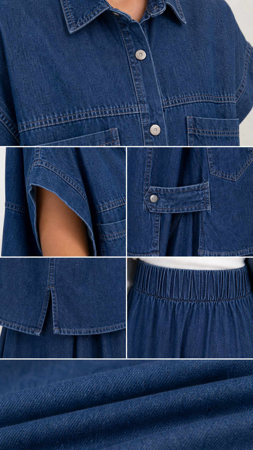 Close-up details of denim fabric, chest pocket, button placket, and elastic waistband