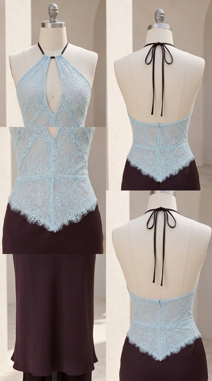 Mannequin detail shots showing lace bodice, keyhole cutout, and back tie of the gown