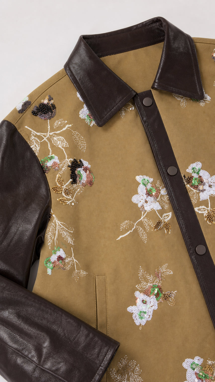 Close-up detail of floral sequin embroidery, snap buttons, and leather-look collar on camel jacket