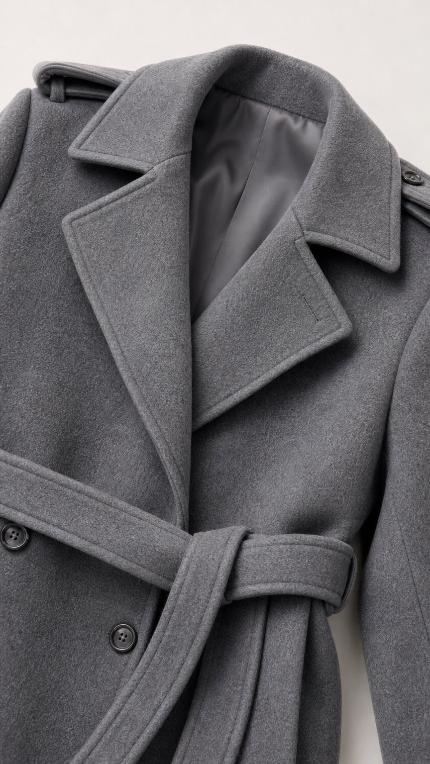 Close-up detail of grey trench coat collar, lapel, and fabric texture