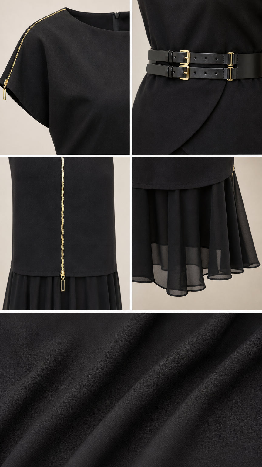 Detailed close-ups of shoulder zipper, belted waist, and chiffon skirt flounce