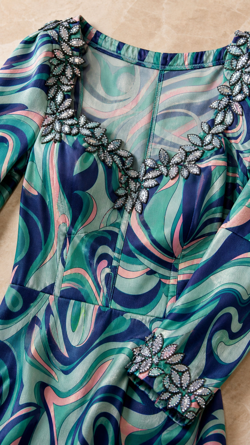 Close-up detail of crystal bead embellishments on sweetheart neckline and cuff