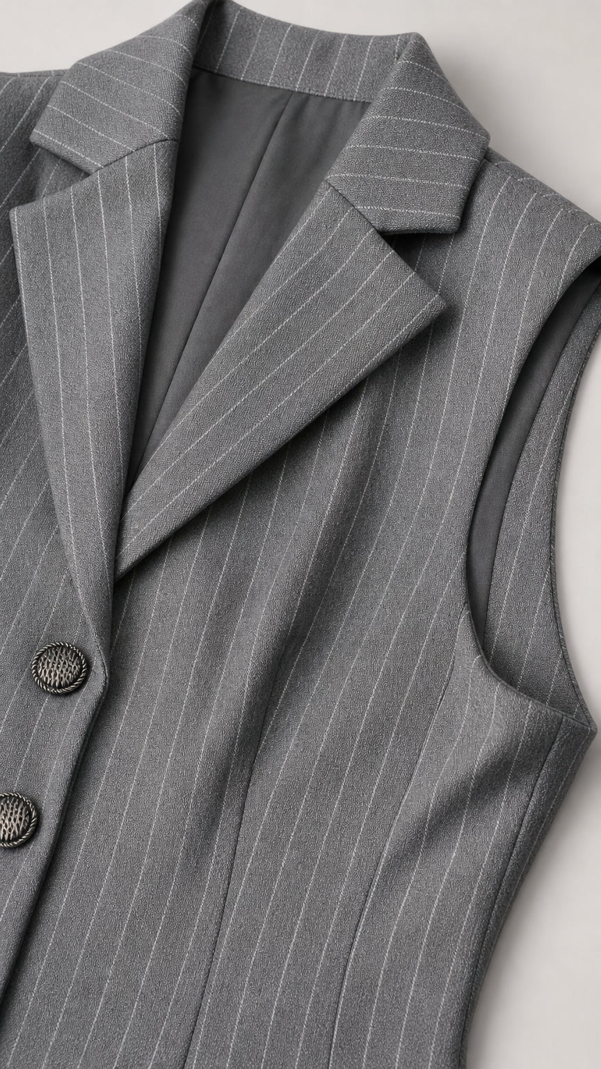 Close-up detail of grey pinstripe fabric, notched lapels, lining, and buttons