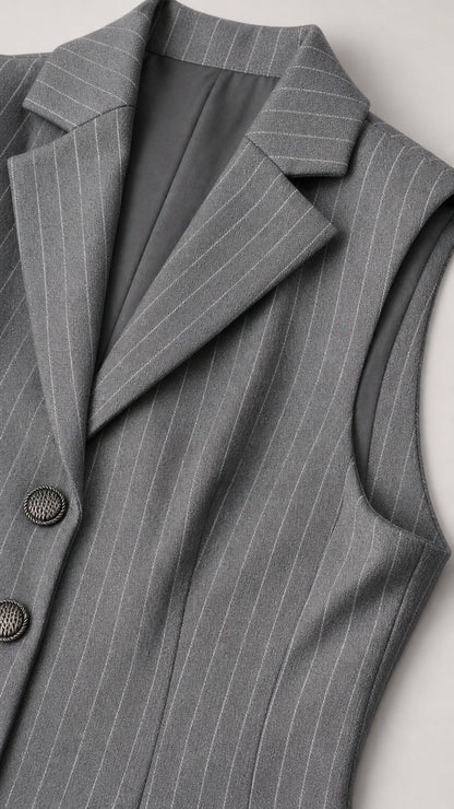 Close-up detail of grey pinstripe fabric, notched lapels, lining, and buttons