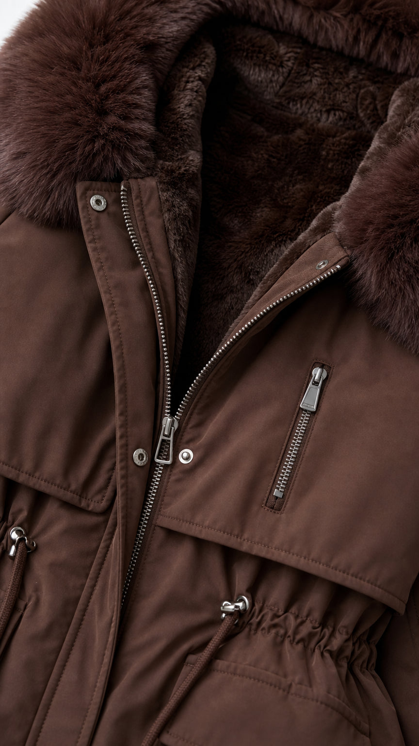 Close-up detail of plush interior lining, zipper, and pocket on winter parka