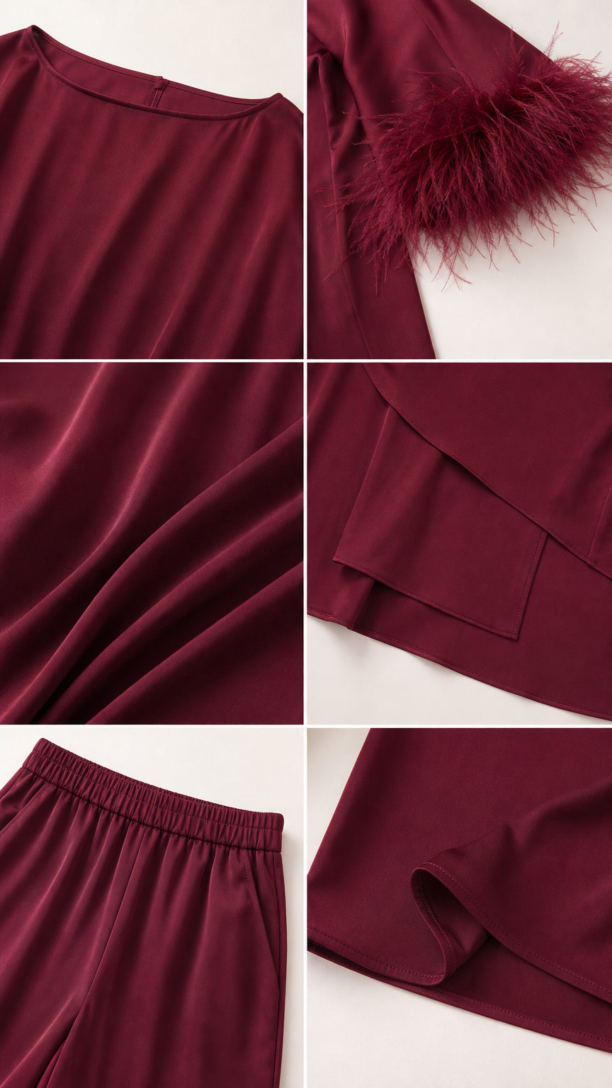 Close-up details of neckline, feather trim, satin texture, and elastic waistband