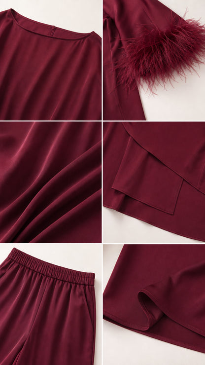 Close-up details of neckline, feather trim, satin texture, and elastic waistband