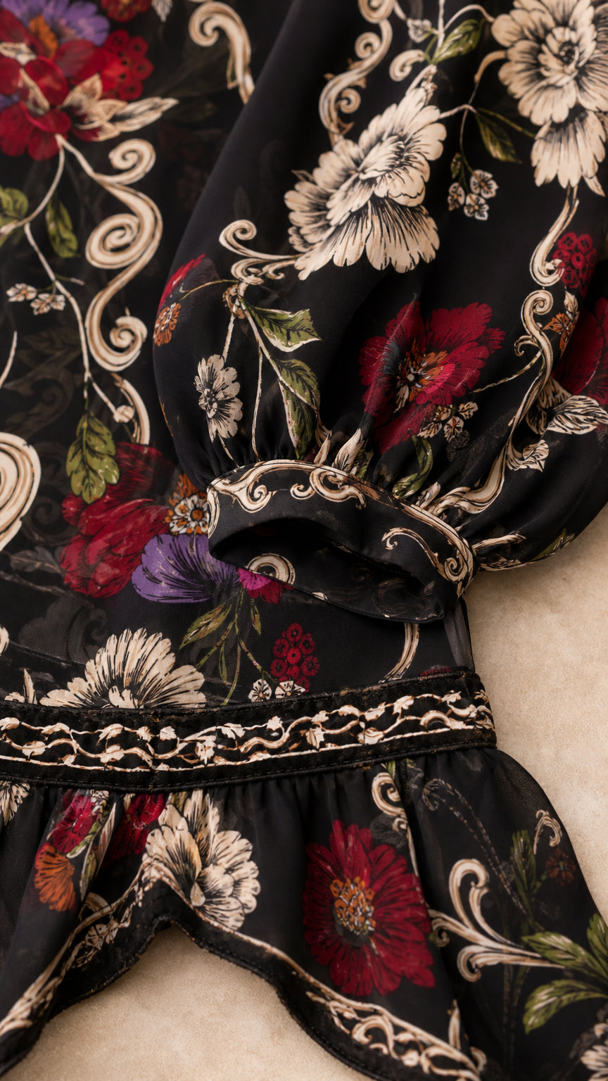 Close-up detail of floral print fabric, ruffled sleeve cuff, and decorative trim