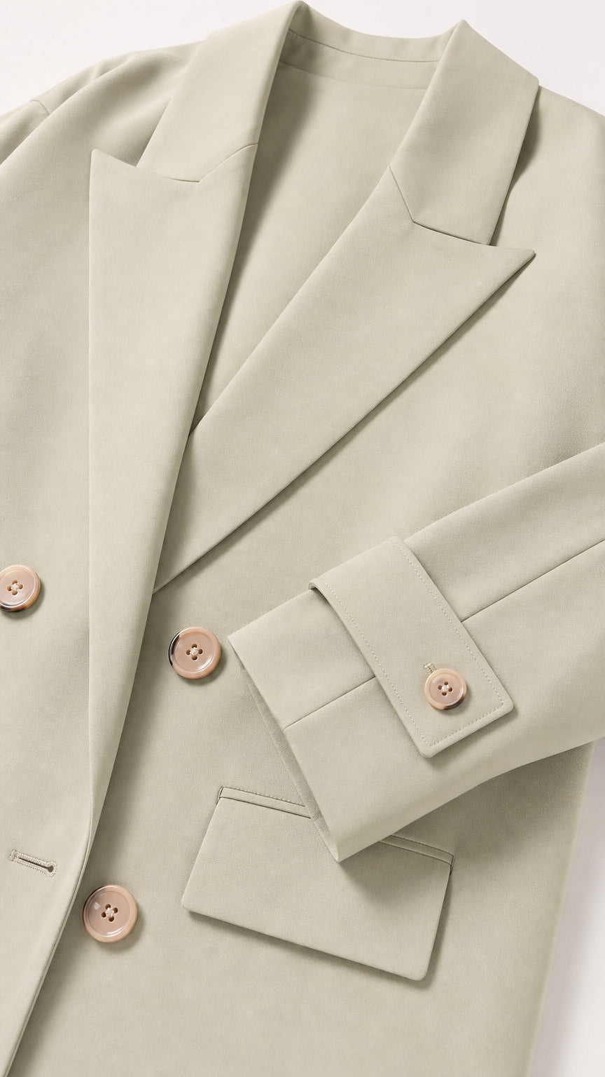 Close-up detail of Sage Green coat showing notched lapel, double-breasted buttons, flap pocket, and cuff strap