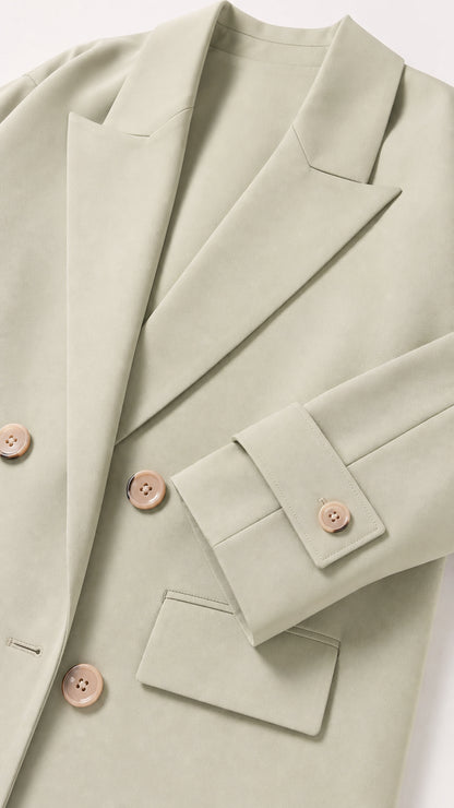 Close-up detail of Sage Green coat showing notched lapel, double-breasted buttons, flap pocket, and cuff strap