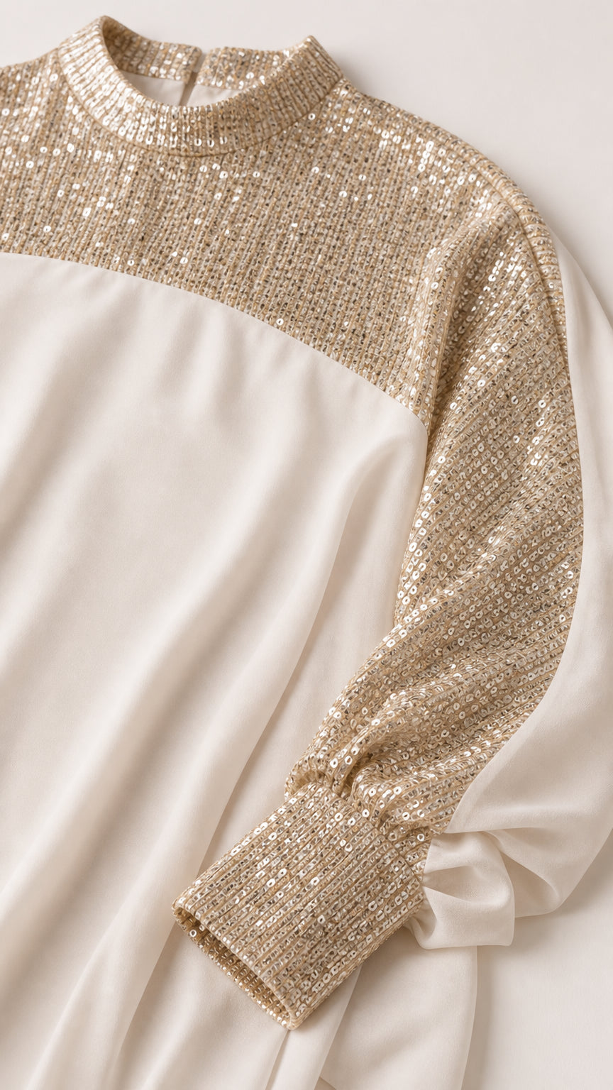 Close-up detail of champagne sequin embellished neckline and sleeve cuffs