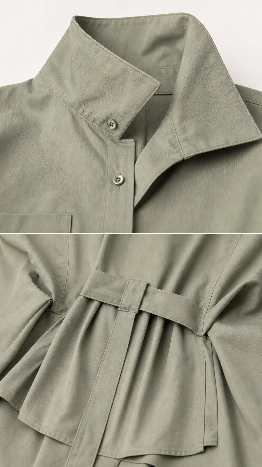 Close-up details of the collar, button placket, and back waist tab of Sage Green two-piece set