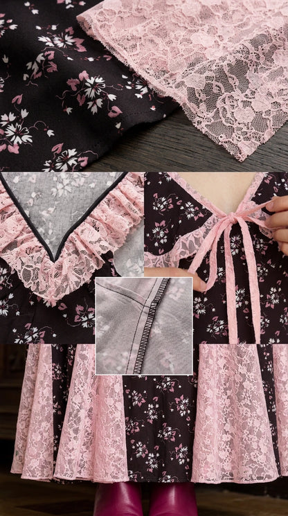 Close-up details of delicate pink lace trim, neckline bow tie, and seam construction
