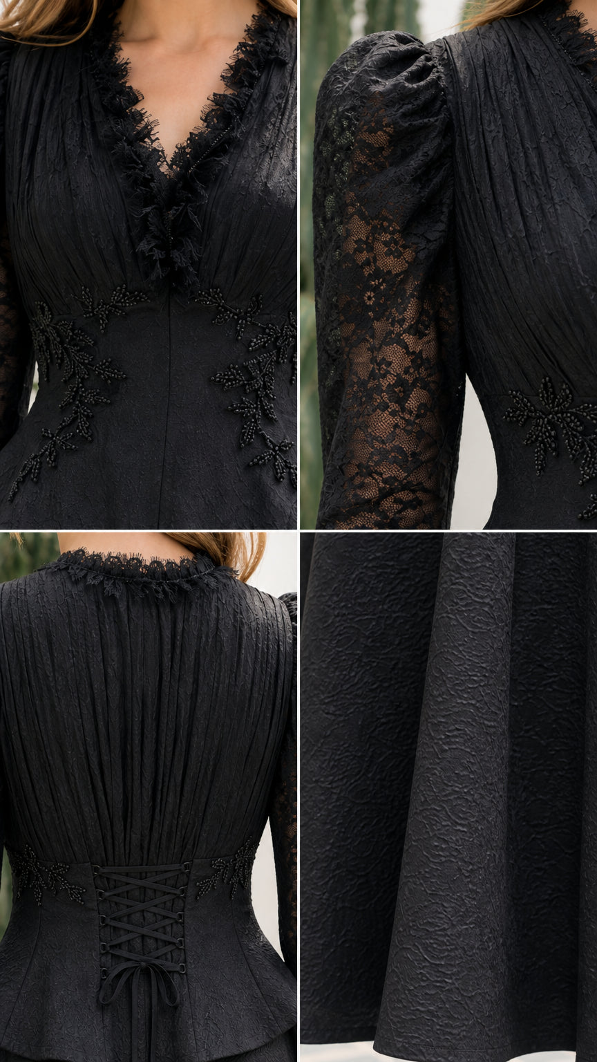 Close-up details of black lace V-neck, sheer sleeve, corset back, and textured fabric