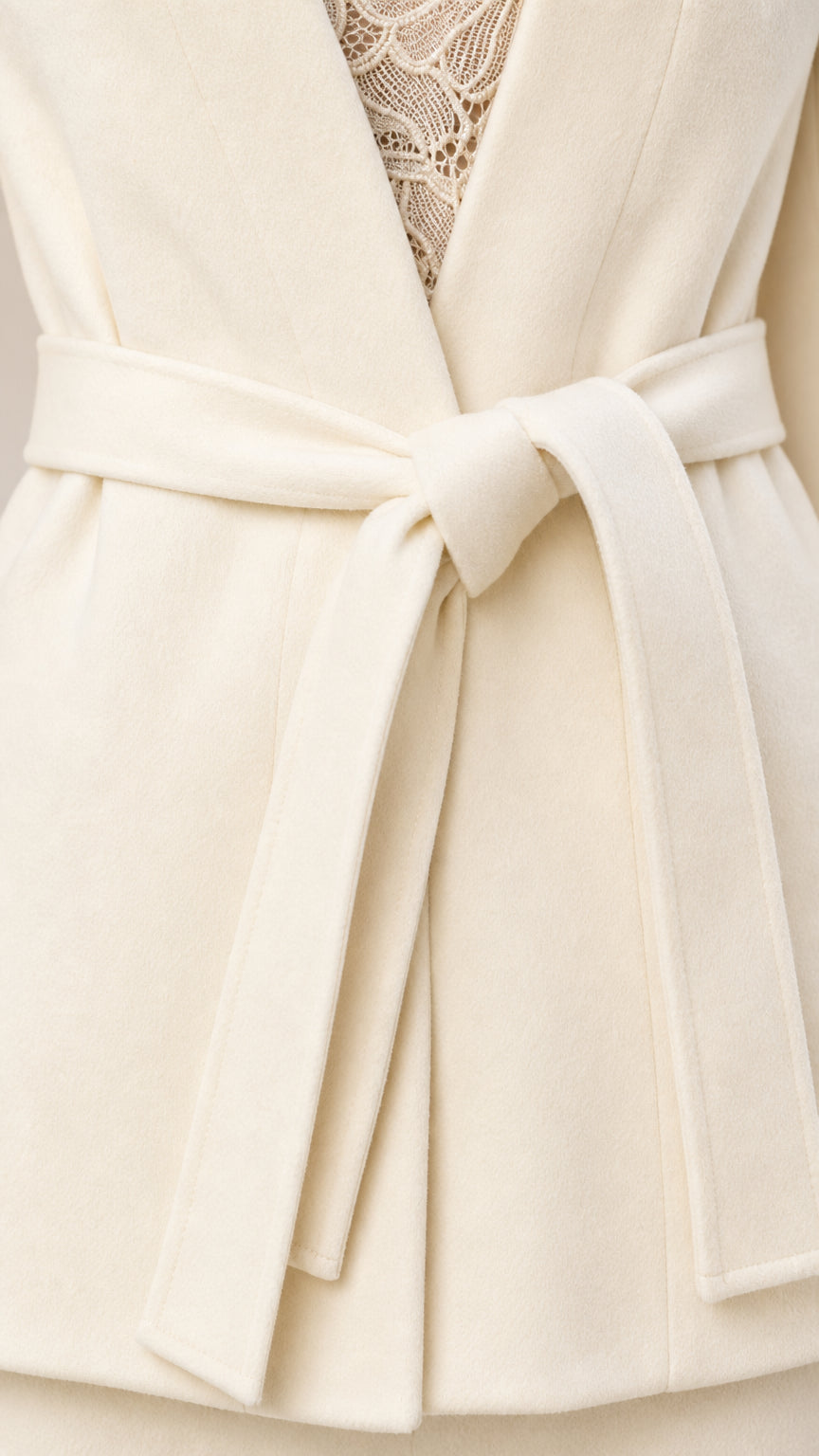 Close-up detail of the Cream blazer front waist tie belt and textured fabric