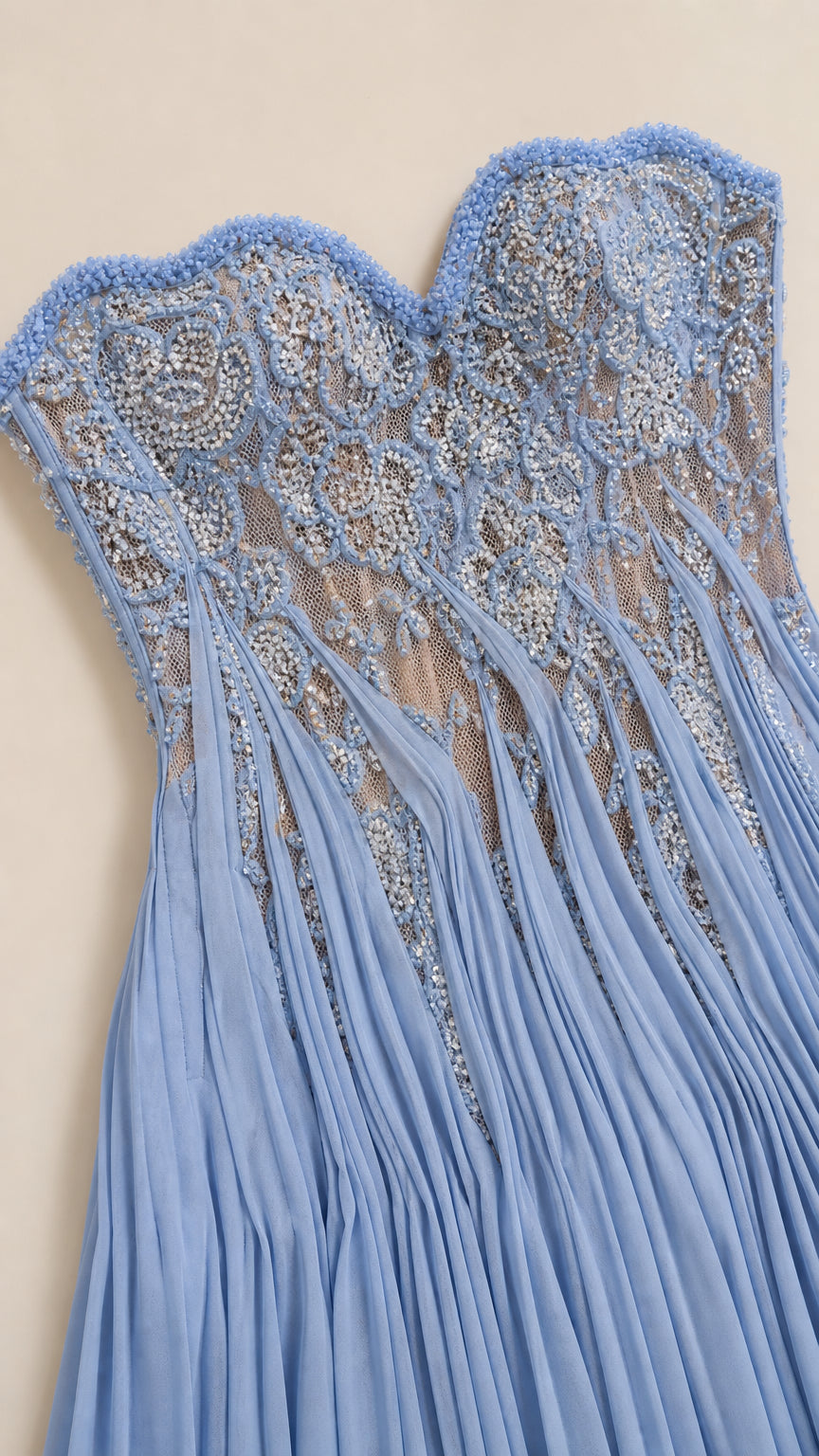 Close-up detail of Light Blue beaded and sequined sweetheart corset bodice and pleating