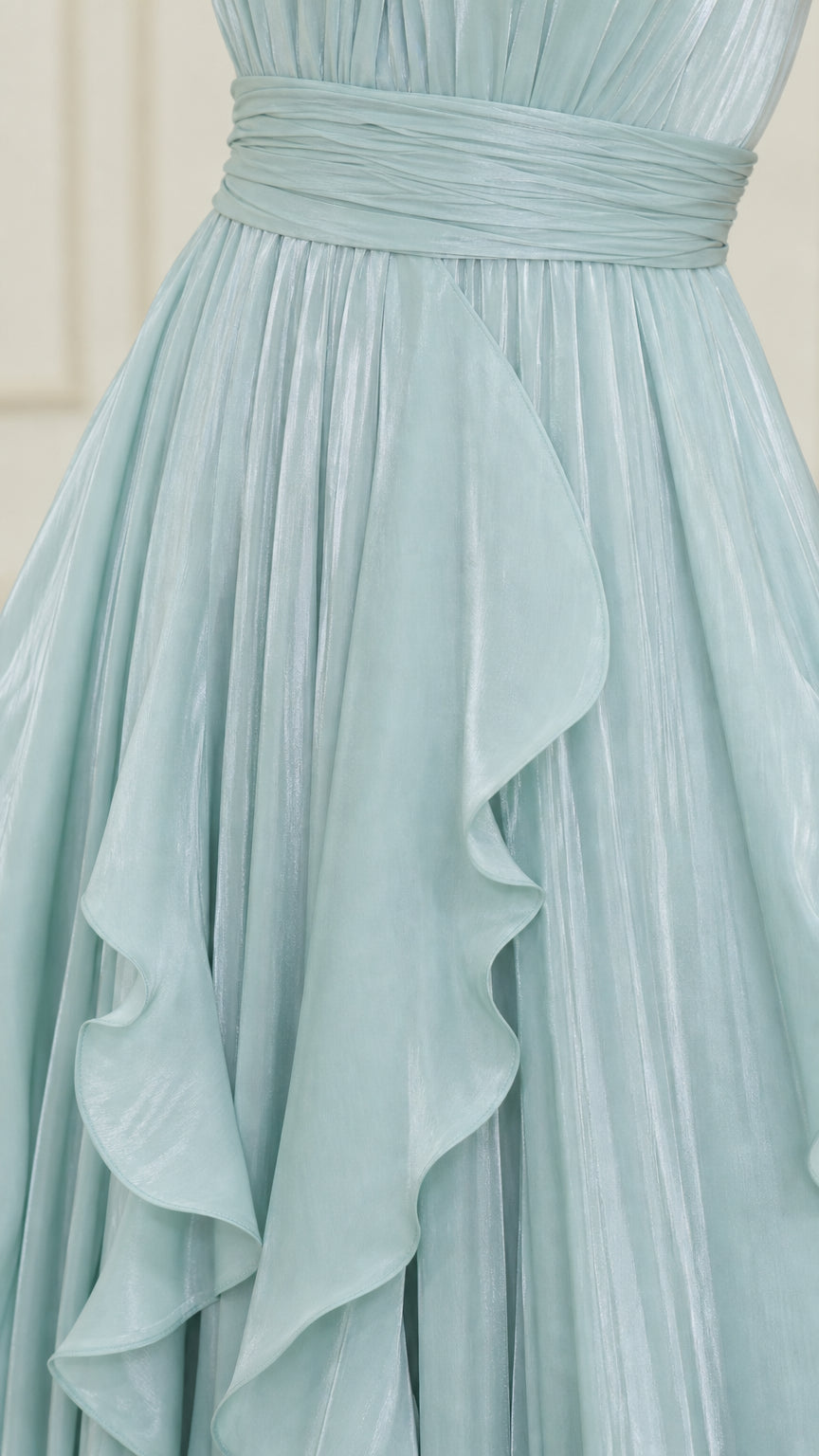 Detailed close-up of pleated fabric and tiered cascading ruffles on light blue gown