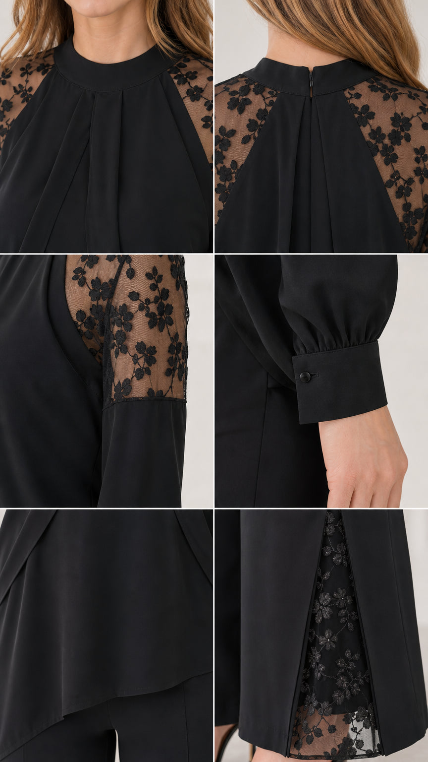 Detailed close-ups of black lace shoulder panel, pleat neckline, sleeve cuff, and flared pant hem with lace insert