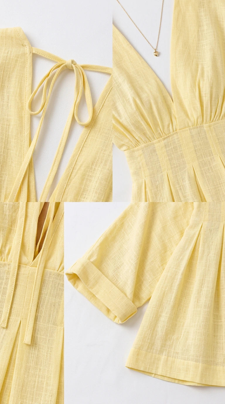 Close-up details of neckline, sleeve cuffs, and back tie on yellow textured mini dress