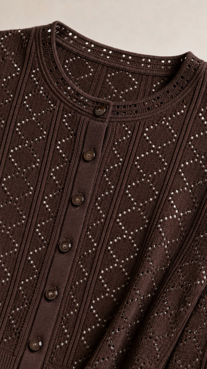 Close-up detail of Chocolate Brown openwork pointelle knit pattern and buttons