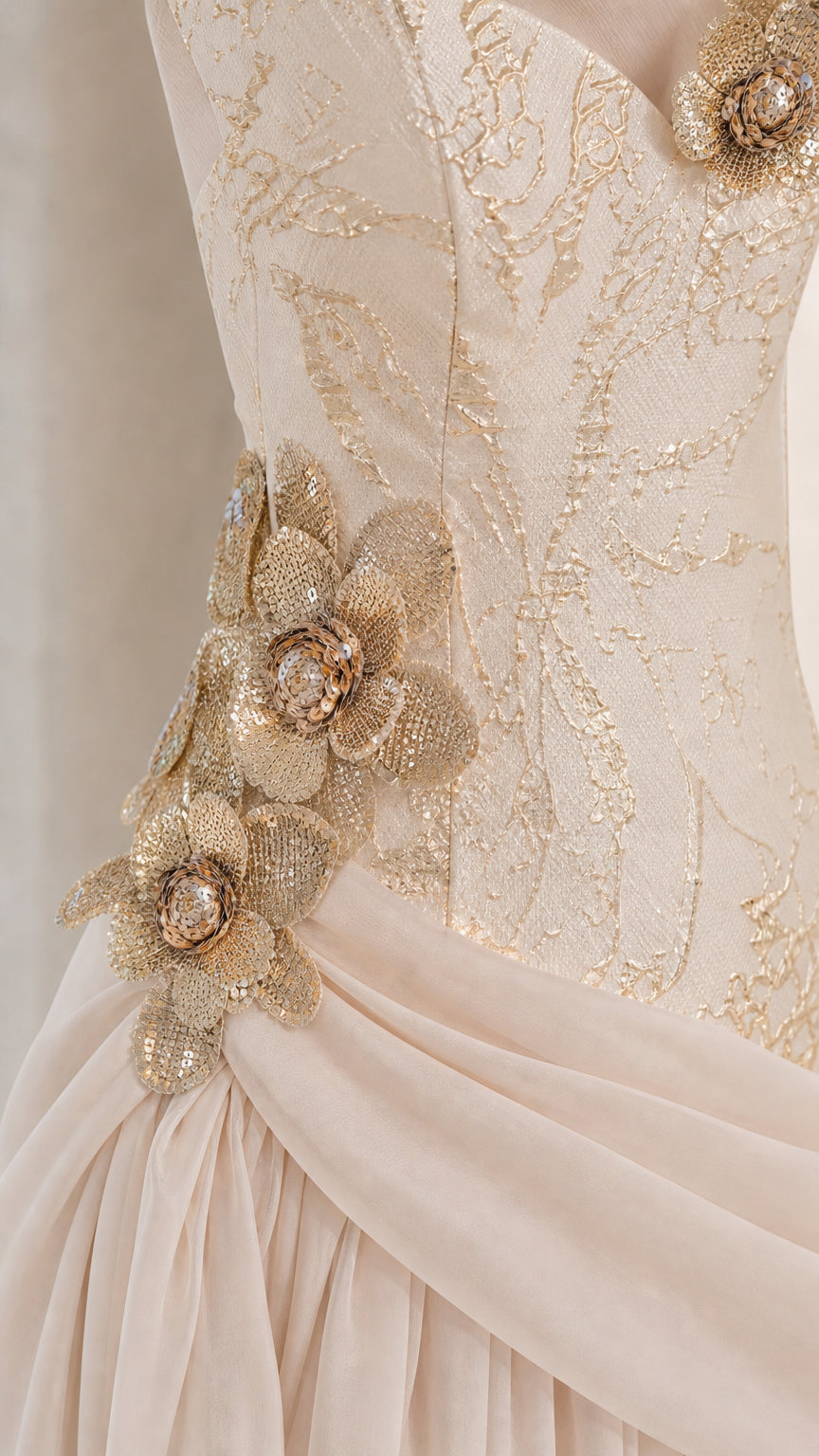 Close-up detail of 3D floral appliqués and gold embroidery on evening gown bodice