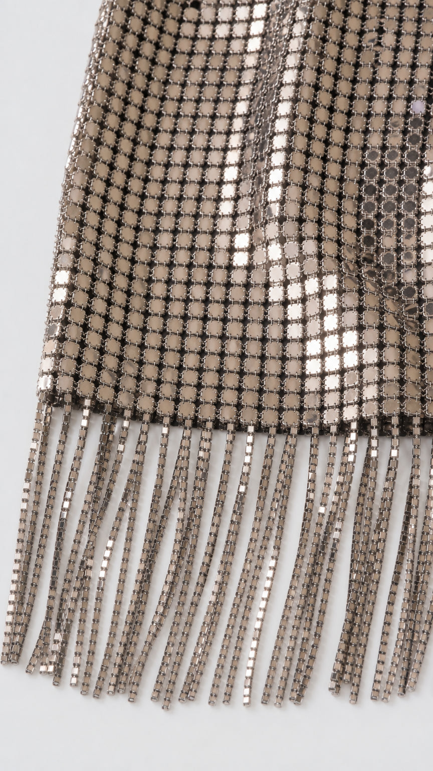 Close-up detail of silver metallic square mesh and hanging fringe trim