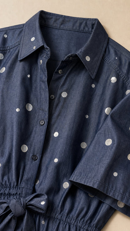 Close-up detail of Denim Blue shirt with collar, buttons, and metallic polka dot print
