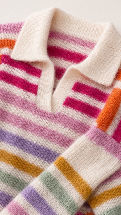 Close-up detail of polo spread collar, open V-neckline, and soft brushed knit texture