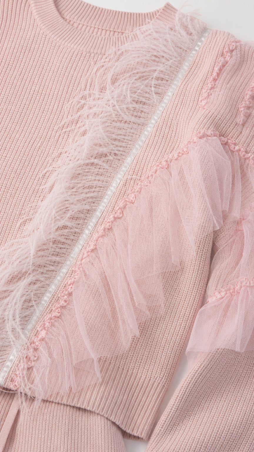 Close-up detail of soft knit texture, feather fringe, and tulle trim embellishment