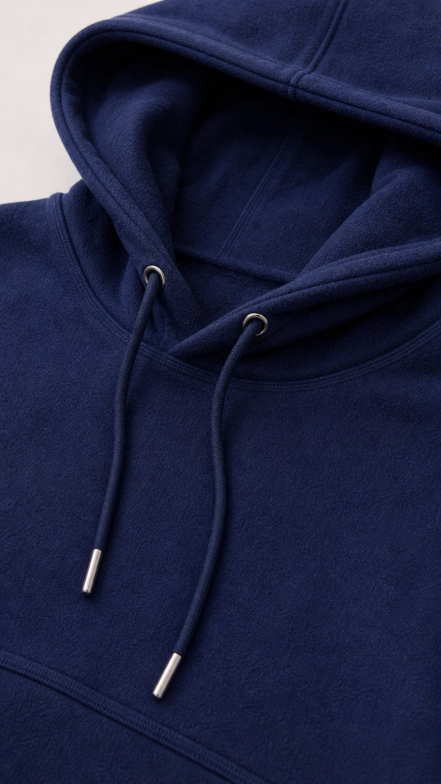 Close-up detail of navy blue drawstring hoodie neckline and soft fleece texture