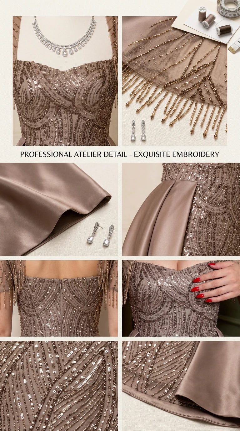 Close-up details of sequin embroidery, beaded fringe tassels, and satin fabric