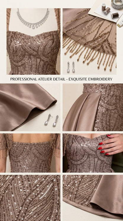 Close-up details of sequin embroidery, beaded fringe tassels, and satin fabric