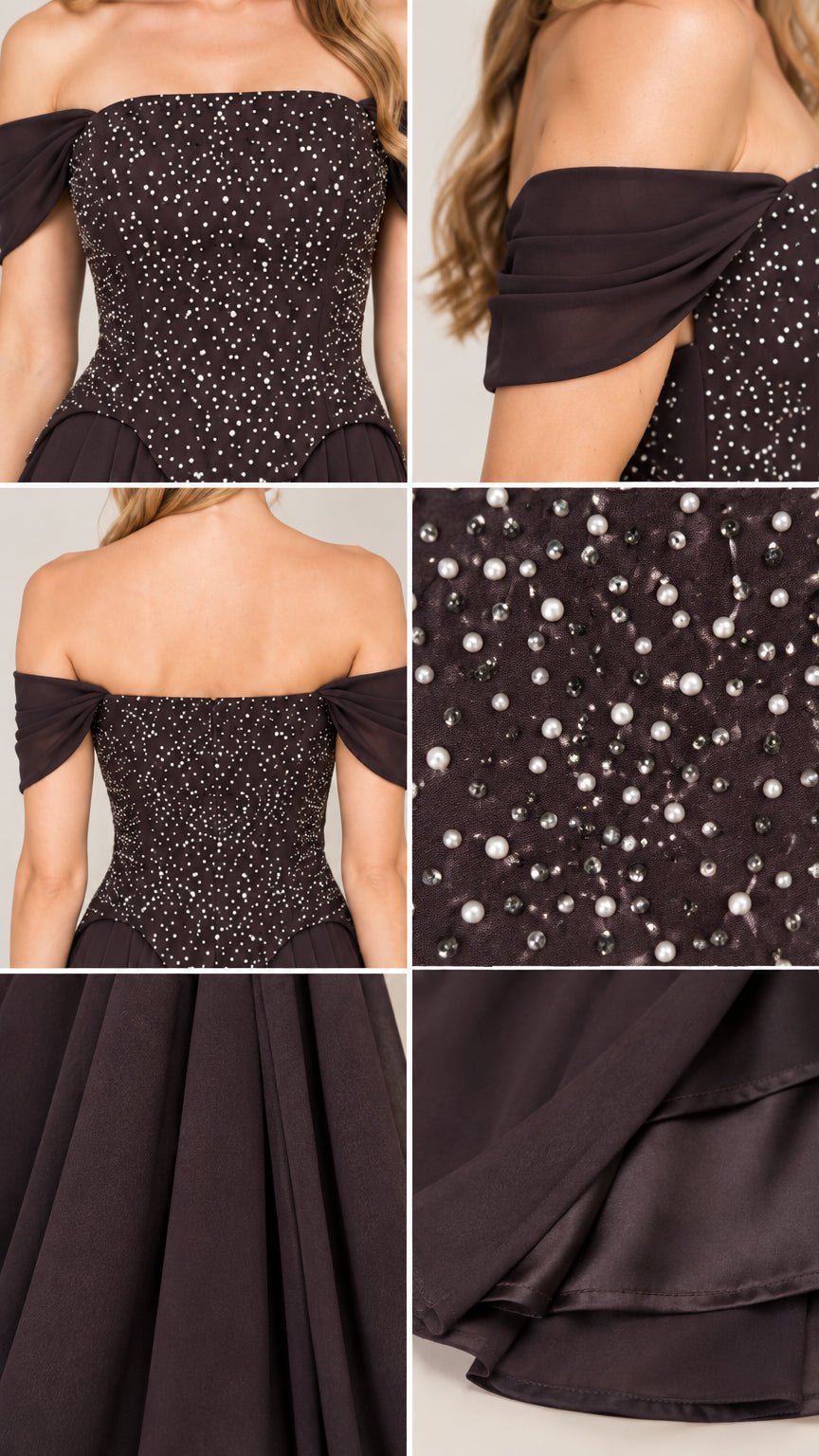 Close-up details of pearl beadwork, draped sleeve, bodice back, and layered chiffon hem
