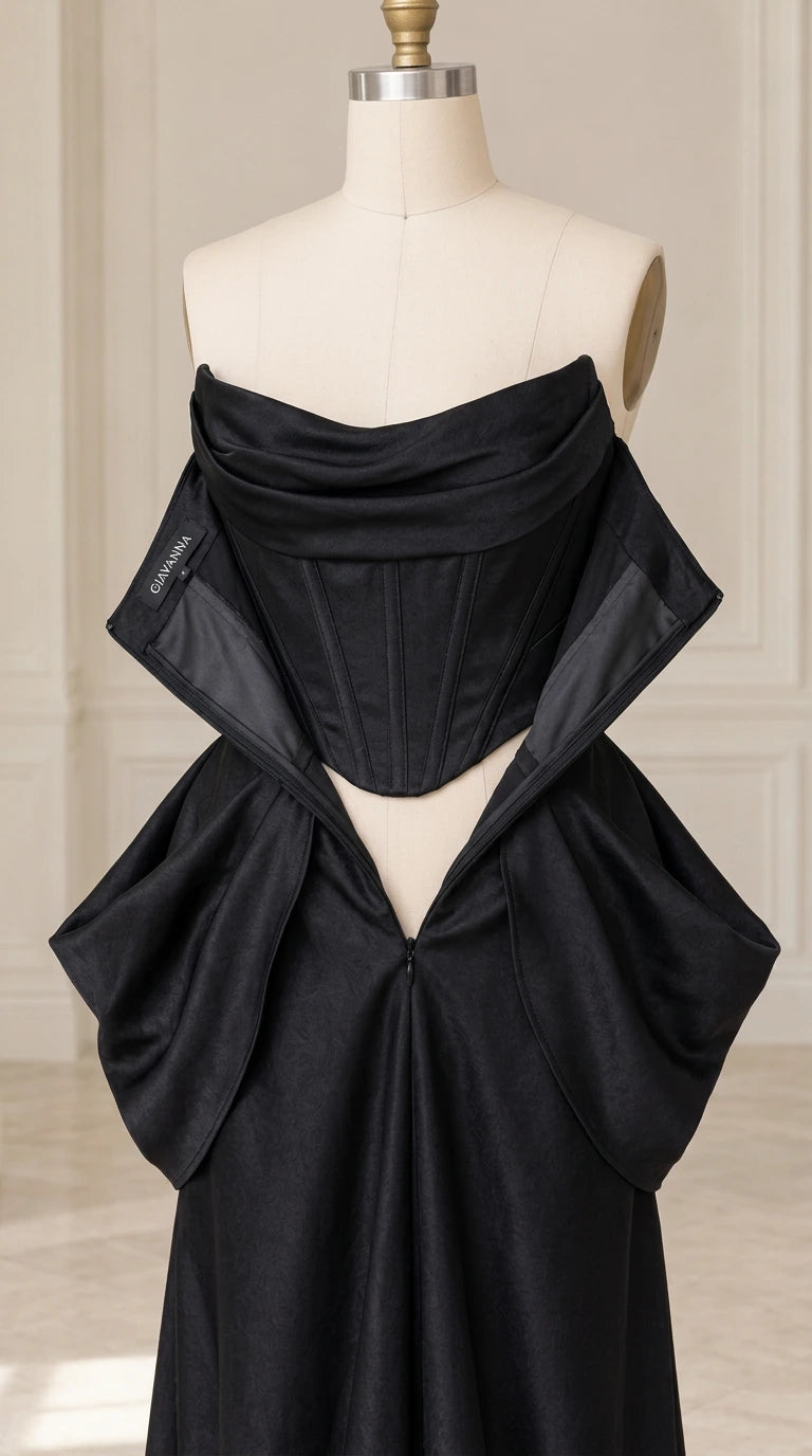 Mannequin showing inner corset boning and bodice construction of black satin gown