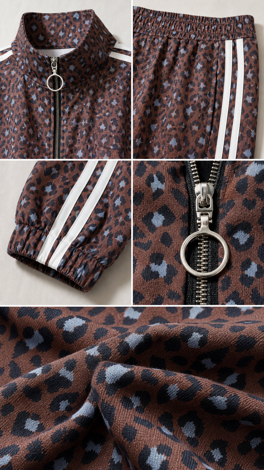 Detailed close-ups of stand collar, ring zipper pull, elastic waistband, cuffs, and leopard knit fabric
